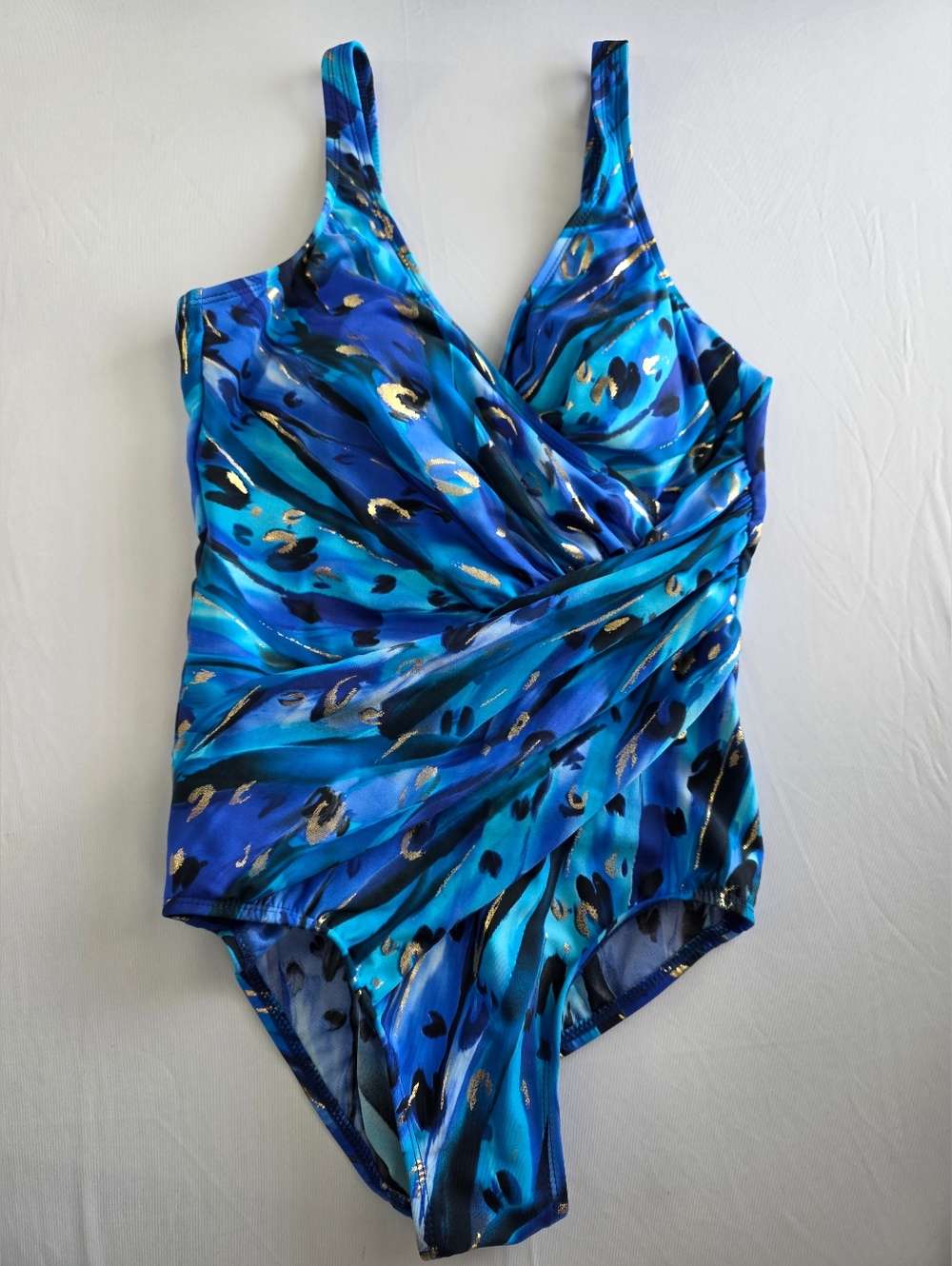 Miraclesuit Magnetism Temptress Wrap One Piece Swimsuit Blue Leopard Print Size